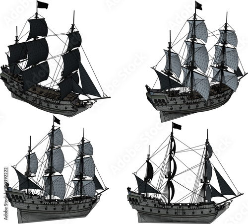 Vector sketch illustration design of sailboat wooden ship rowing pirate classic vintage ethnic traditional 