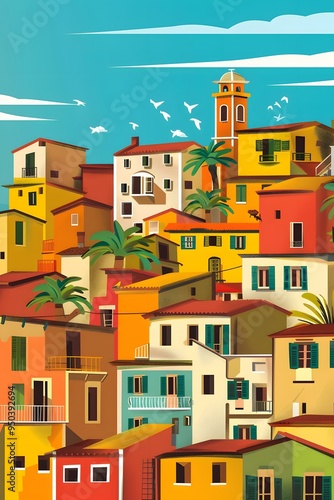 Colorful Illustration of Mediterranean Houses