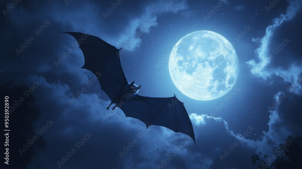 Fototapeta premium Mysterious Bat Flying in Moonlit Night Sky with Stars and Clouds - Spooky Halloween Illustration