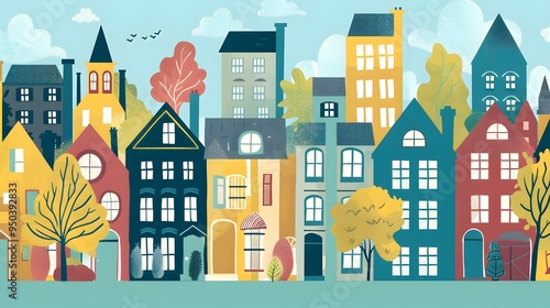 Colorful Illustration Of A European Cityscape With Buildings And Trees