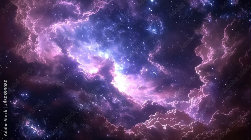 Fototapeta premium Celestial Echoes: Radiant cosmic clouds and twinkling stars forming a serene and mystical galactic background.