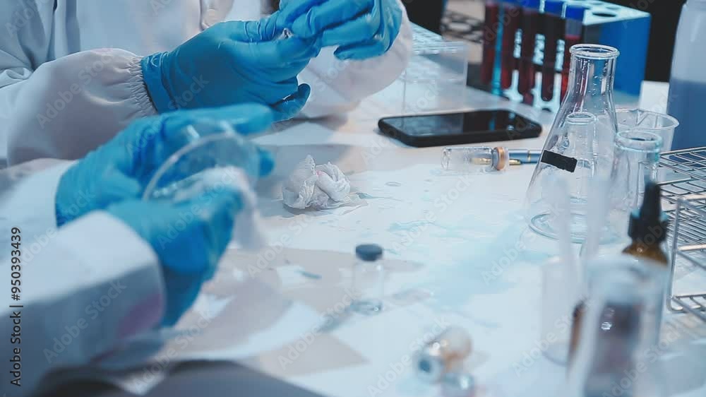 a scientist is working in a laboratory, a chemical researcher is preparing sample for a vaccine against a virus, work in lab concentrate is the most important because chemicals are dangerous a scientist is working in a laboratory, a chemical researcher is preparing sample for a vaccine against a virus, work in lab concentrate is the most important because chemicals are dangerous