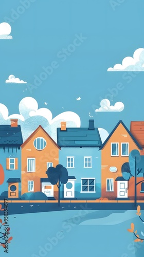 Cute Colorful Suburban Houses with Blue Sky and Clouds Illustration