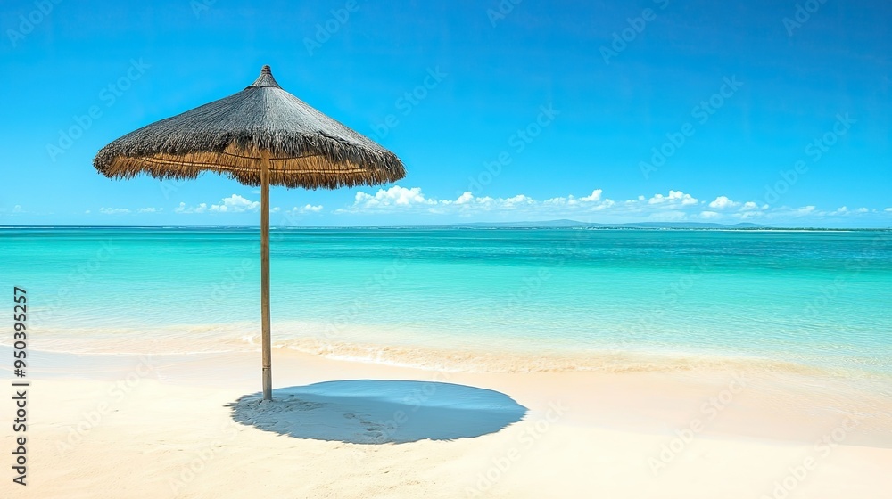 A tranquil beach with white sand, turquoise water, and a thatched-roof umbrella offering shade A tranquil beach with white sand, turquoise water, and a thatched-roof umbrella offering shade