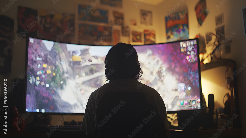 Gamer in dimly lit room intensely focused on large curved monitor, surrounded by gaming memorabilia and posters, showcasing deep connection to video game series Gamer in dimly lit room intensely focused on large curved monitor, surrounded by gaming memorabilia and posters, showcasing deep connection to video game series