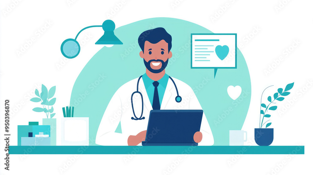 A cheerful doctor working on a laptop in a modern clinic, representing telemedicine and healthcare innovation. A cheerful doctor working on a laptop in a modern clinic, representing telemedicine and healthcare innovation.