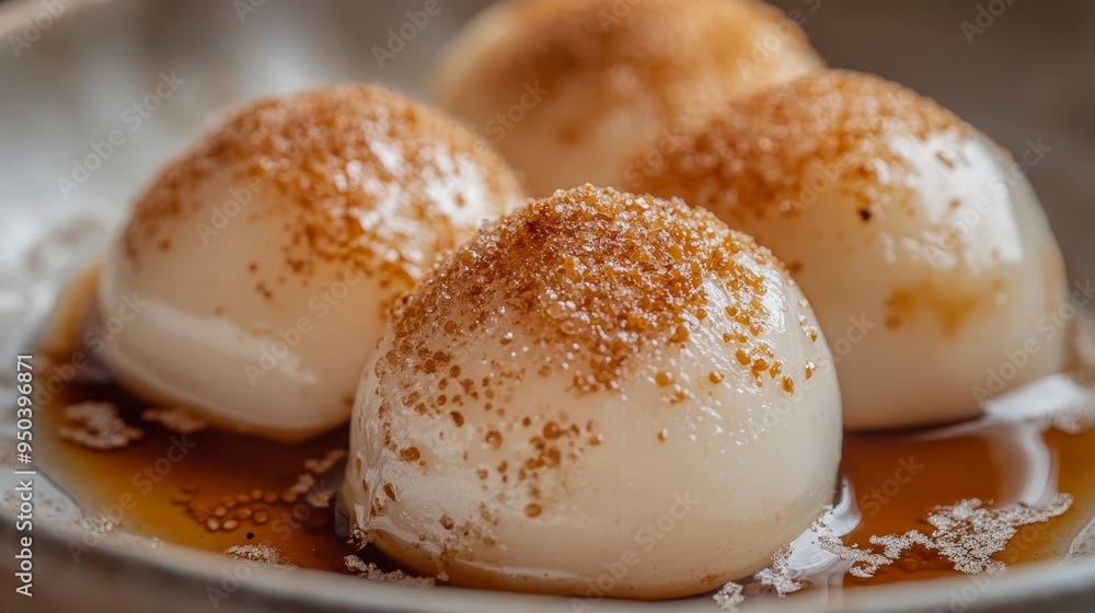 Sweet Kinako Mochi Dessert: Traditional Japanese Rice Cake with Soybean Flour and Syrup on Neutral Background Sweet Kinako Mochi Dessert: Traditional Japanese Rice Cake with Soybean Flour and Syrup on Neutral Background