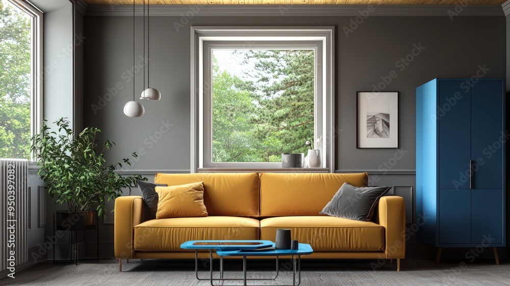 Fototapeta premium Space with goldenrod couch, gray tones, wooden ceiling, blue modern furniture.