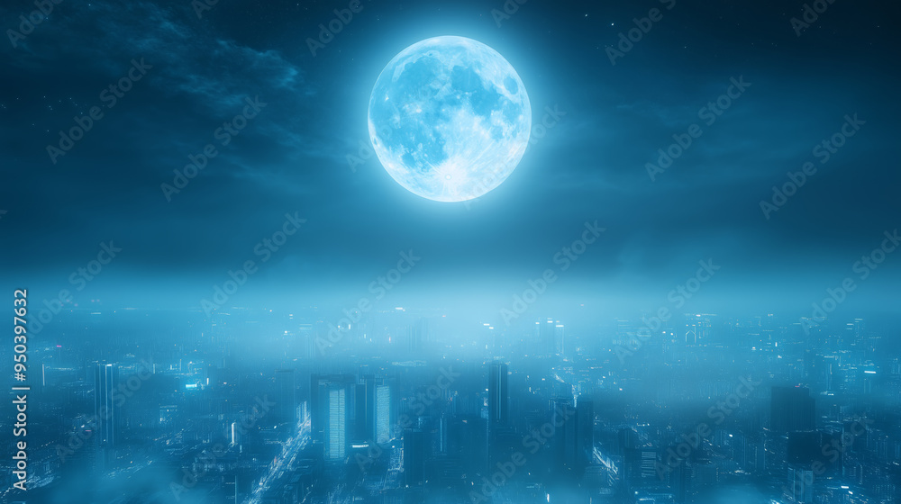 Illuminated city skyline under a bright moon at night Illuminated city skyline under a bright moon at night