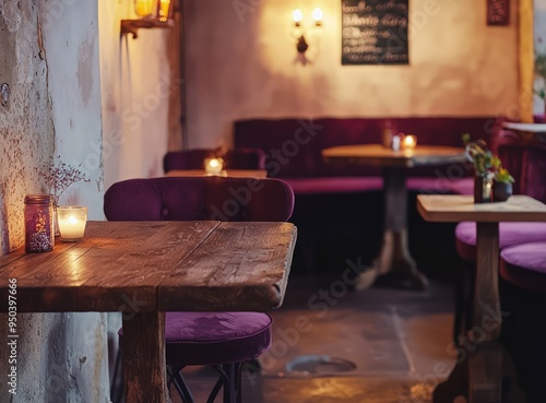 Rustic tables and plum colored chairs in a cozy, candlelit minimalist bistro. photo