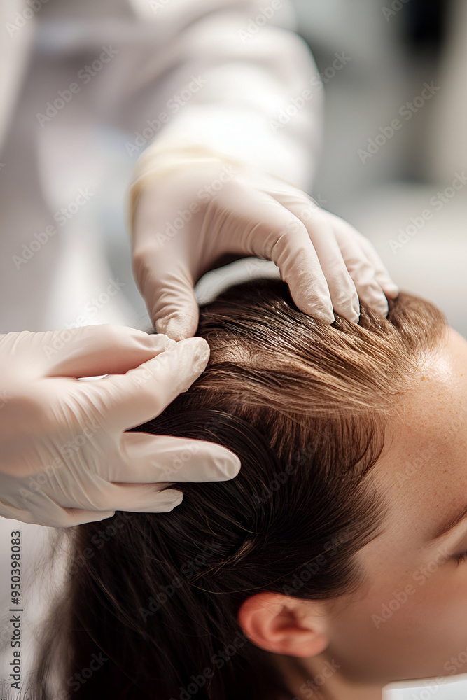 Fototapeta premium Professional dermatologist examining a patient's scalp with gloves to assess hair health and recommend appropriate treatment in a medical setting