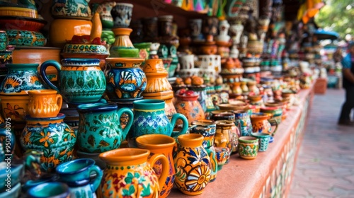 Colorful Pottery Display in Mexican Market