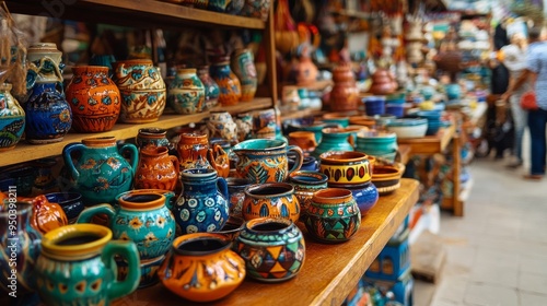 Colorful Pottery in Moroccan Market