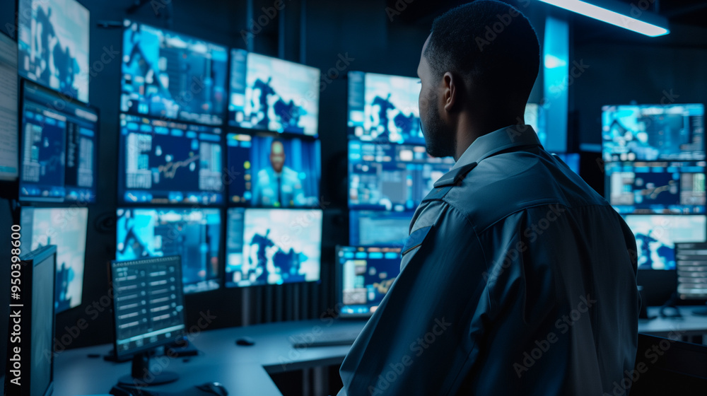 Back view of military personnel monitoring multiple surveillance screens. Back view of military personnel monitoring multiple surveillance screens.