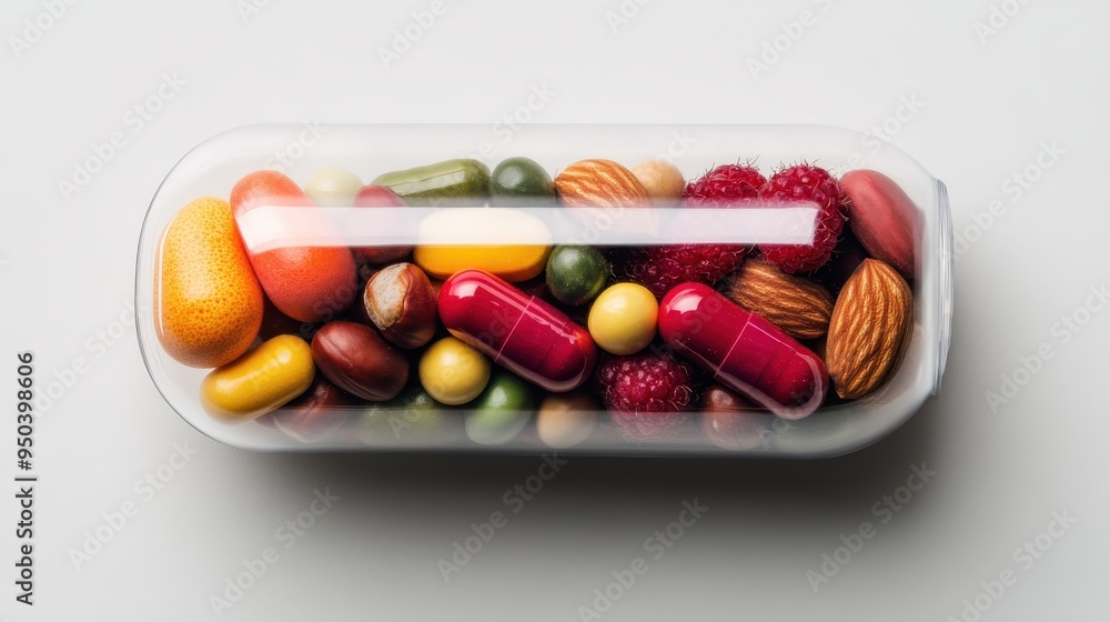 A transparent capsule filled with various vitamins, supplements, and health pills, showcasing a diverse mix of nutrients and dietary supplements for improved health. A transparent capsule filled with various vitamins, supplements, and health pills, showcasing a diverse mix of nutrients and dietary supplements for improved health.