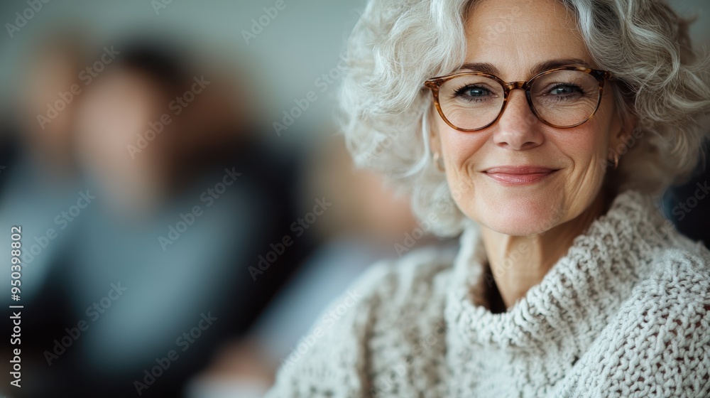 A happy elderly woman with gray curly hair and glasses wearing a sweater, smiling warmly, in a cozy indoor setting with blurred people in the background. A happy elderly woman with gray curly hair and glasses wearing a sweater, smiling warmly, in a cozy indoor setting with blurred people in the background.