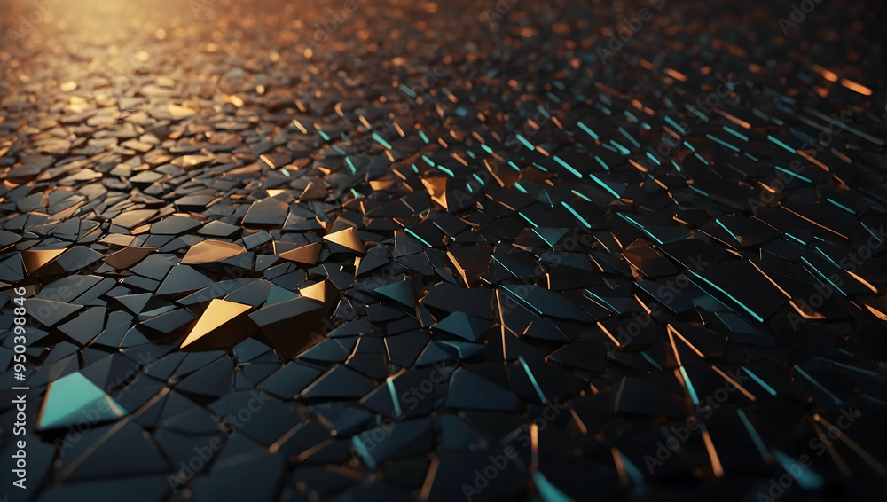 Fototapeta premium Shattered Obsidian Sunset: A mesmerizing 3D render of a fragmented obsidian plane reflecting the warm hues of a setting sun. 