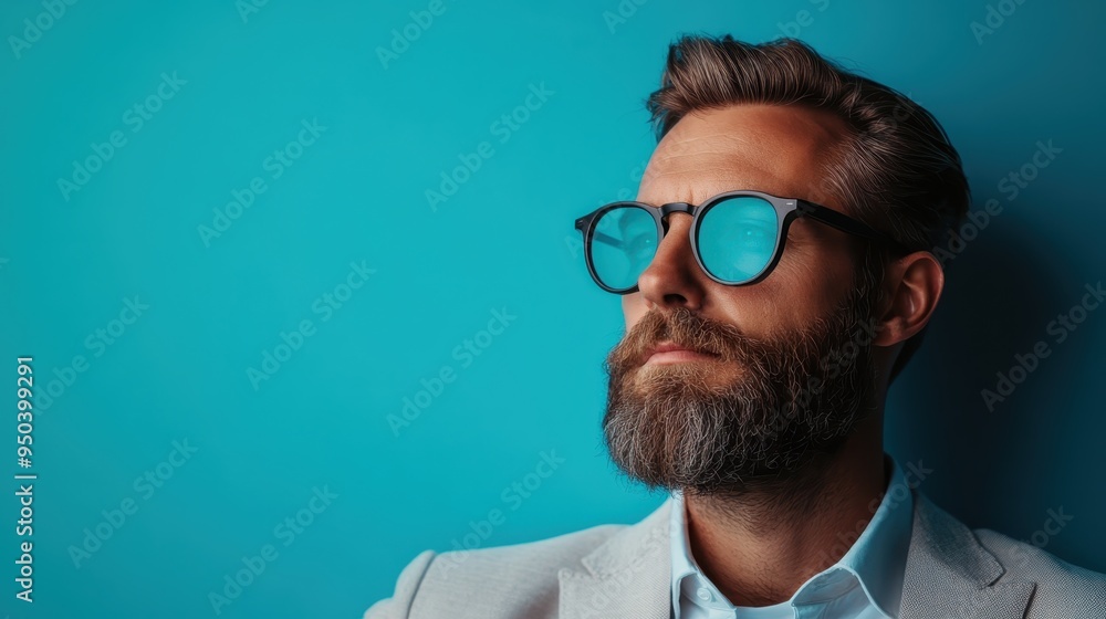 A man wearing a light grey suit leans against a bright teal background, creating a striking contrast. The image conveys a sense of modern, professional style.