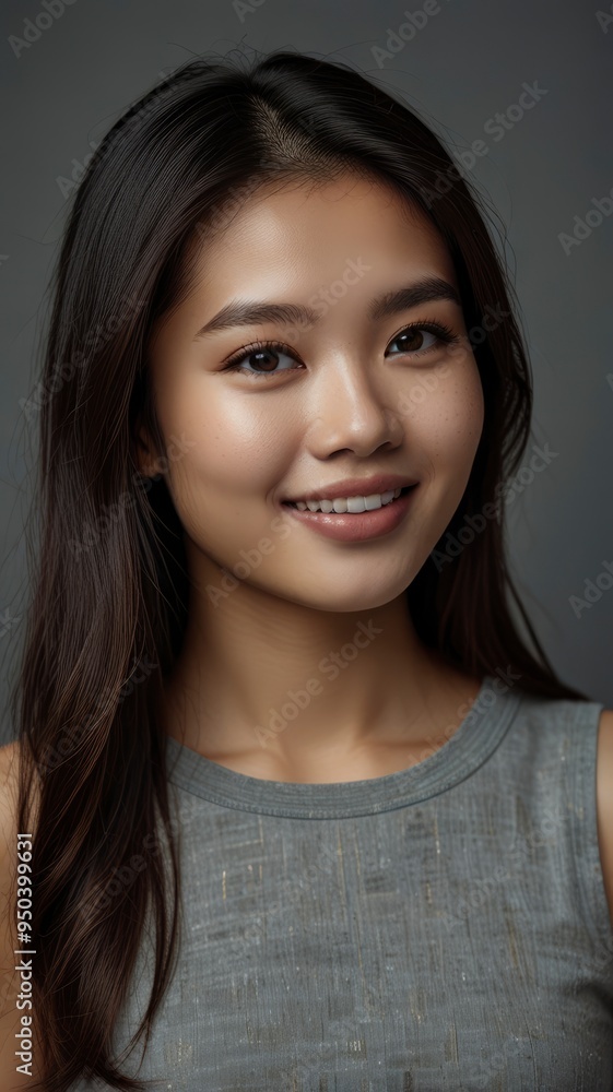 positive and young asian woman with brunette hair and acne prone skin smiling on grey background positive and young asian woman with brunette hair and acne prone skin smiling on grey background