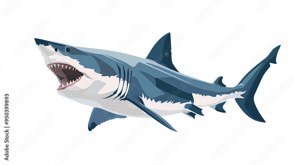 Obraz premium A flat style illustration of a Mako shark in an aggressive pose, mouth wide open displaying sharp teeth, against a pure white background. The minimalist design focuses on the shark