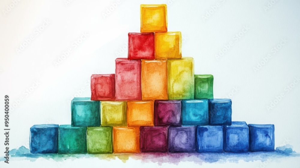 Obraz premium Watercolor Abstract Art - Colorful Blocks Stacked in a Geometric Design