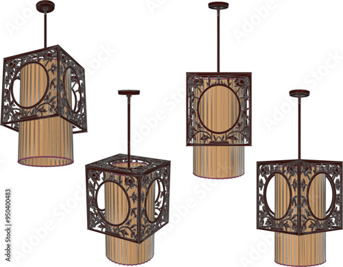 Vector silhouette illustration sketch of Chinese and Japanese traditional vintage ethnic decorative chandelier design