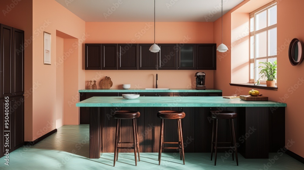 Aqua quartz countertops, dark walnut barstools, and peach walls define this minimalist kitchen with light spruce floors. Aqua quartz countertops, dark walnut barstools, and peach walls define this minimalist kitchen with light spruce floors.