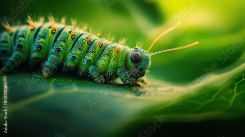 Close-up of a caterpillar on a leaf, representing the stages of life and the importance of protecting all species photo