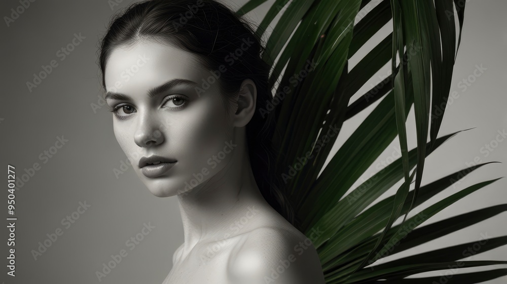 Studio portrait of woman behind palm leaf Studio portrait of woman behind palm leaf