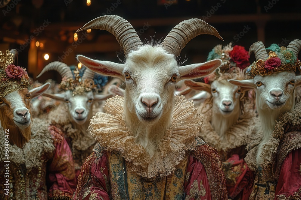 Pantom Goat whimsical scene of anthropomorphic goats dressed as shakespearean ...