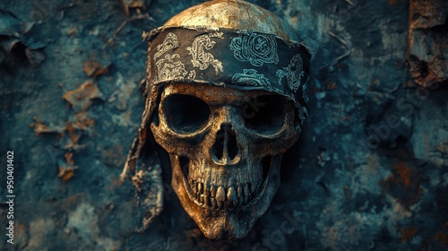 Golden Skull with Bandana Against a Weathered Background
