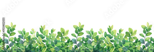 A flat style illustration of a neatly trimmed hedge shrub, forming a horizontal decorative border against a pristine white background. The leaves are depicted in various shades of