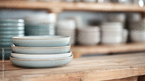 A neatly arranged stack of light blue ceramic bowls on a rustic wooden shelf in a kitchen, blending traditional craftsmanship with modern kitchen aesthetics.