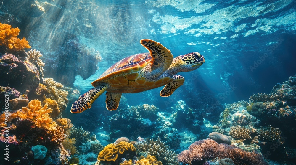 Fototapeta premium Close-up of a turtle swimming through a coral reef, emphasizing the need to protect marine biodiversity