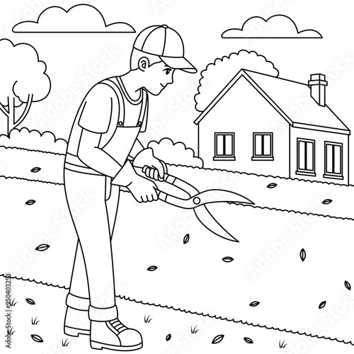 Gardener Trimming Hedges Outline Coloring Page. Labor Day Hand Drawn Clip Art