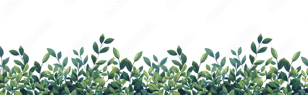 A flat style illustration of a neatly trimmed hedge shrub, forming a horizontal decorative border against a pristine white background. The leaves are depicted in various shades of A flat style illustration of a neatly trimmed hedge shrub, forming a horizontal decorative border against a pristine white background. The leaves are depicted in various shades of