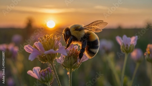 A bee is on a flower in a field