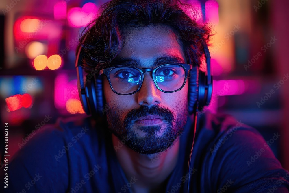 young indian man immersed in computer game wearing headphones focused expression illuminated by screen glow modern gaming setup in background young indian man immersed in computer game wearing headphones focused expression illuminated by screen glow modern gaming setup in background