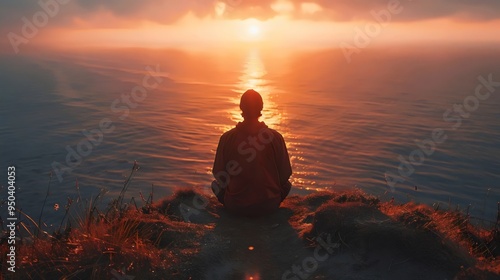 Silhouette of woman meditating on sunset beach, yoga pose, ocean view