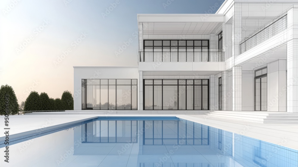 Fototapeta premium 3D depiction of a luxurious villa, combining realistic elements on one side and a wireframe on the other, with plenty of blank space on the right for personalized copy,