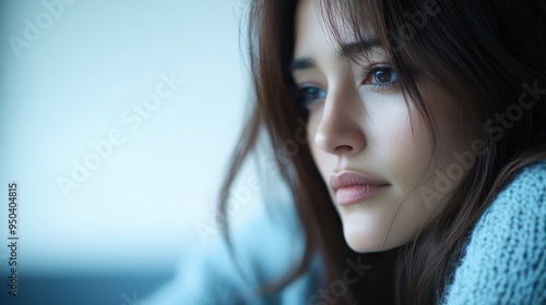 A woman with a pensive expression, looking off to the side with soft natural light highlighting her features, depicting contemplation and serene thought in a calm setting.