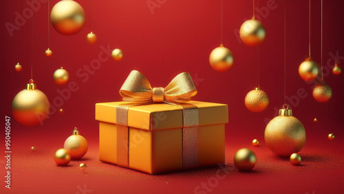 Um pequeno gift box, amarelo com laço dourado fundo vermelho com pequenos enfeites natalinos flutuando. Espaço para escrita .Render 3d. Cartão de natal, natalino