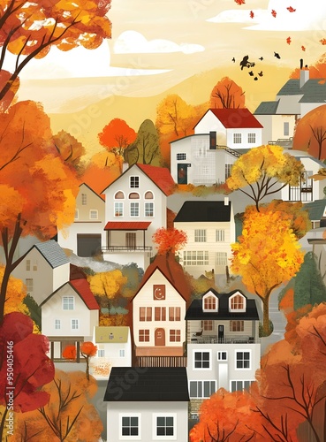 Autumn Landscape with Colorful Trees and Houses