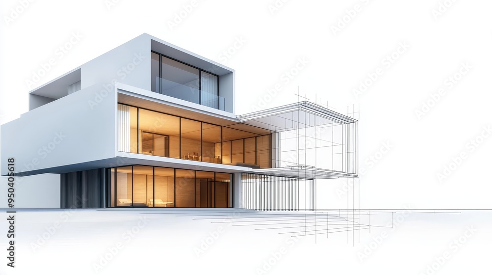 A sophisticated 3D villa rendering, seamlessly transitioning from a photorealistic view to a wireframe, with ample open space above and below for customization and text placement, A sophisticated 3D villa rendering, seamlessly transitioning from a photorealistic view to a wireframe, with ample open space above and below for customization and text placement,