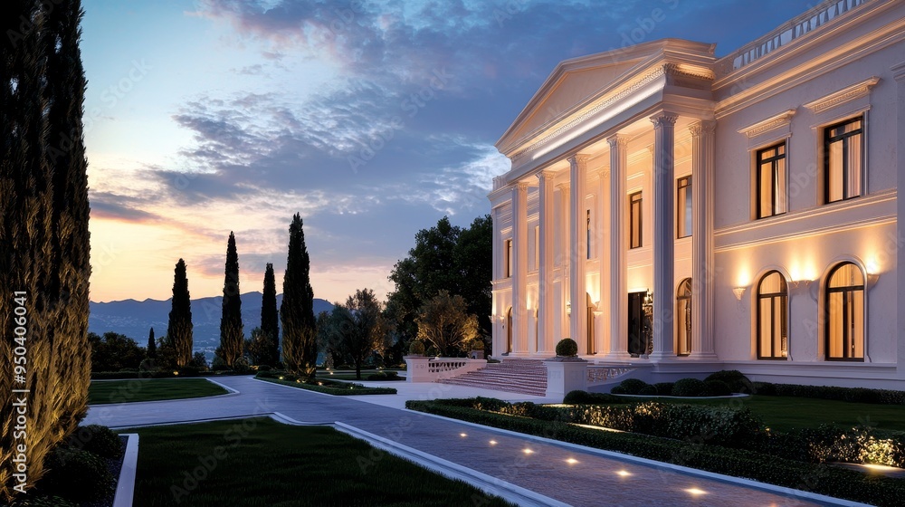 Obraz premium Detailed 3D view of a grand villa's exterior at sunset, with warm lighting illuminating its opulent design and manicured gardens,