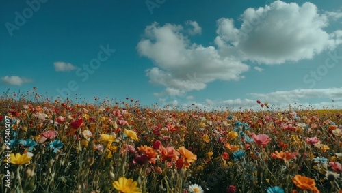 A field of flowers with a blue sky in the background photo