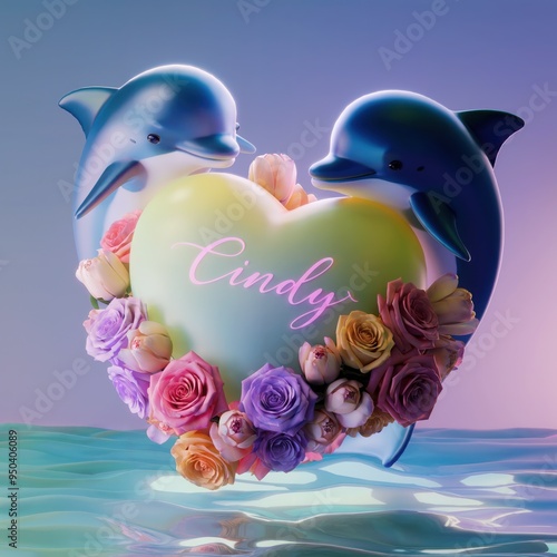 3D render of two dolphins cradling a delicate heart in soft yellow-green hue, inscribed with name Cindy in flowing script.jpeg photo