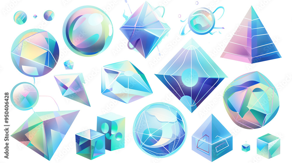 A flat style illustration of a set of holographic abstract 3D shapes, including spheres, cubes, and pyramids. Each shape is illustrated with smooth, iridescent colors like blue, A flat style illustration of a set of holographic abstract 3D shapes, including spheres, cubes, and pyramids. Each shape is illustrated with smooth, iridescent colors like blue,