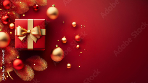 Um pequeno gift box, vermelho com laço dourado fundo vermelho com pequenos enfeites natalinos flutuando. Espaço para escrita .Render 3d. Cartão de natal, natalino