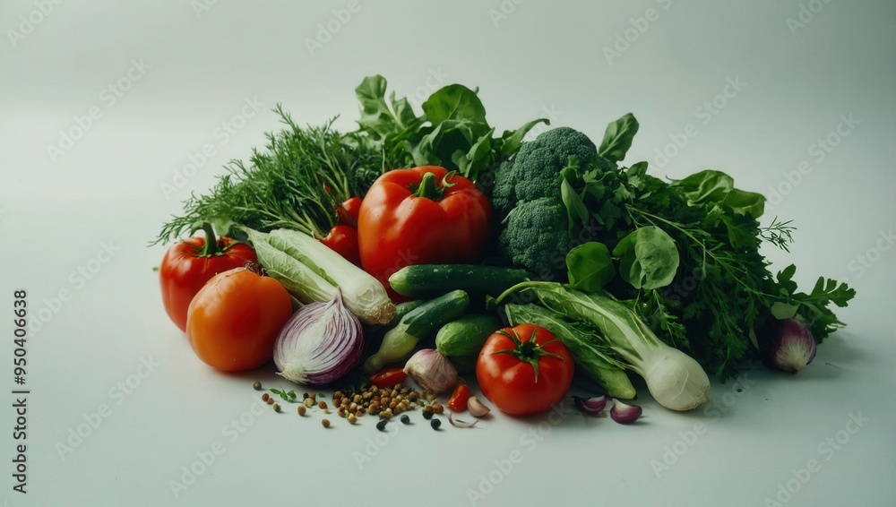 A pile of vegetables including tomatoes, broccoli, and onions A pile of vegetables including tomatoes, broccoli, and onions